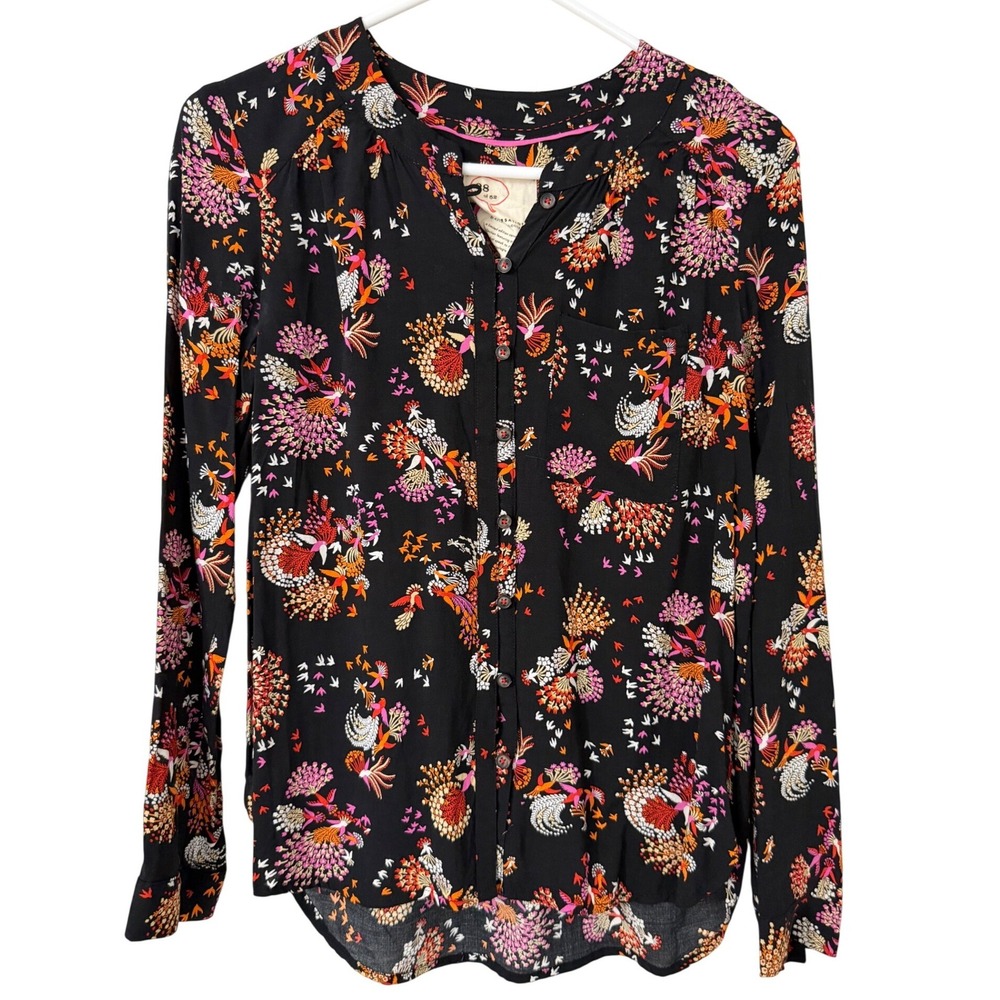 Anthropologie Conversation Bird Print Blouse Black Floral Rayon Top Size 0